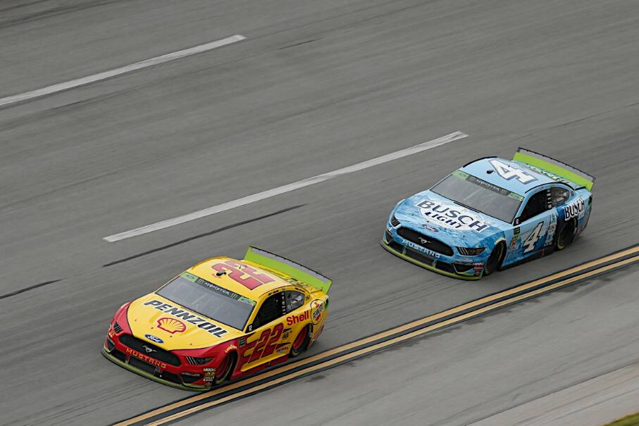 Penske's Joey Logano was 11th and Stewart-Haas’ Kevin Harvick was 17th after both suffered damage. Penske's Joey Logano was 11th and Stewart-Haas’ Kevin Harvick was 17th after both suffered damage.